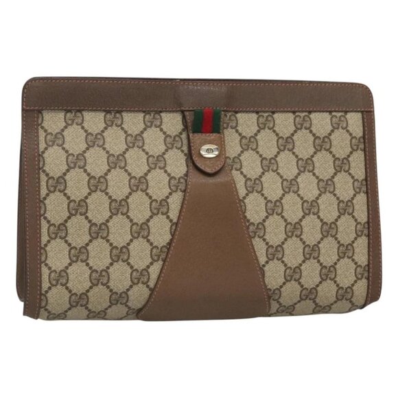 GUCCI GG Supreme Web Sherry Line Clutch Bag PVC Beige - Picture 1 of 16